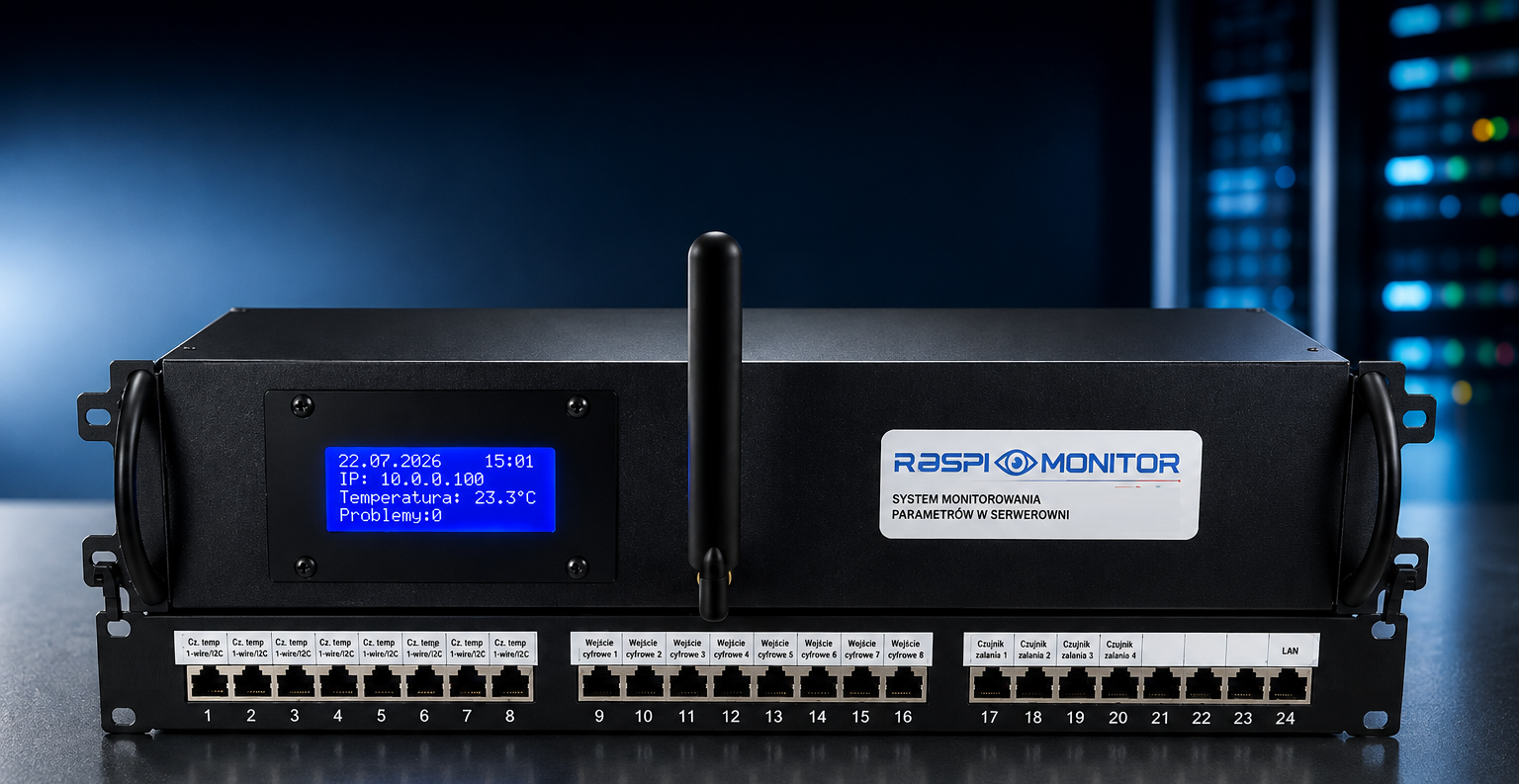 Urządzenie Raspi Monitor do montażu w szafie rack wraz z najważniejszymi funkcjami